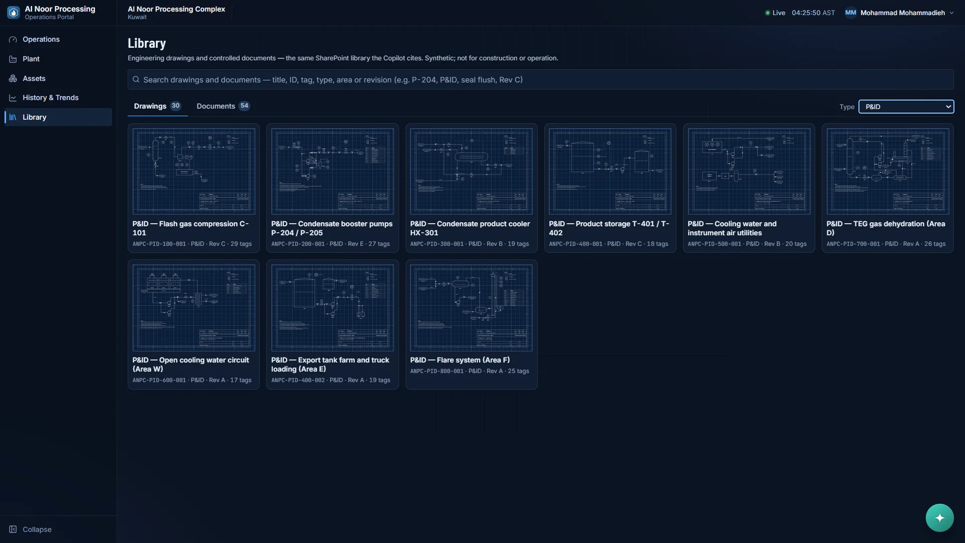 Library page with a search box, tabs showing 30 drawings and 54 documents, a type filter set to P&ID, and nine blueprint-style drawing thumbnails with titles and revision details.