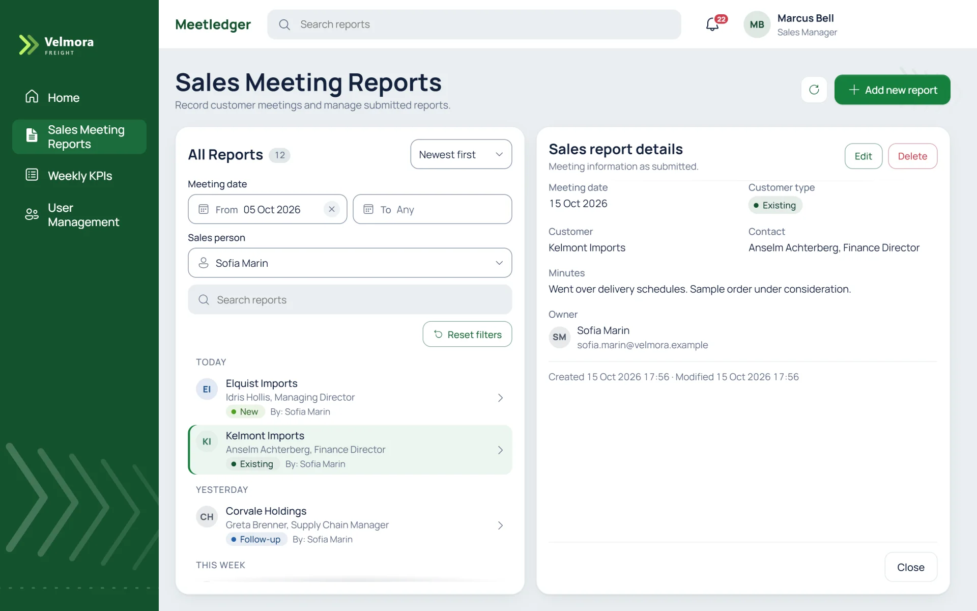 All Reports list showing 12 reports for one salesperson from 5 October 2026, grouped under Today, Yesterday and This week. The details panel shows meeting date, customer type, customer, contact, minutes and owner, with Edit and Delete buttons.