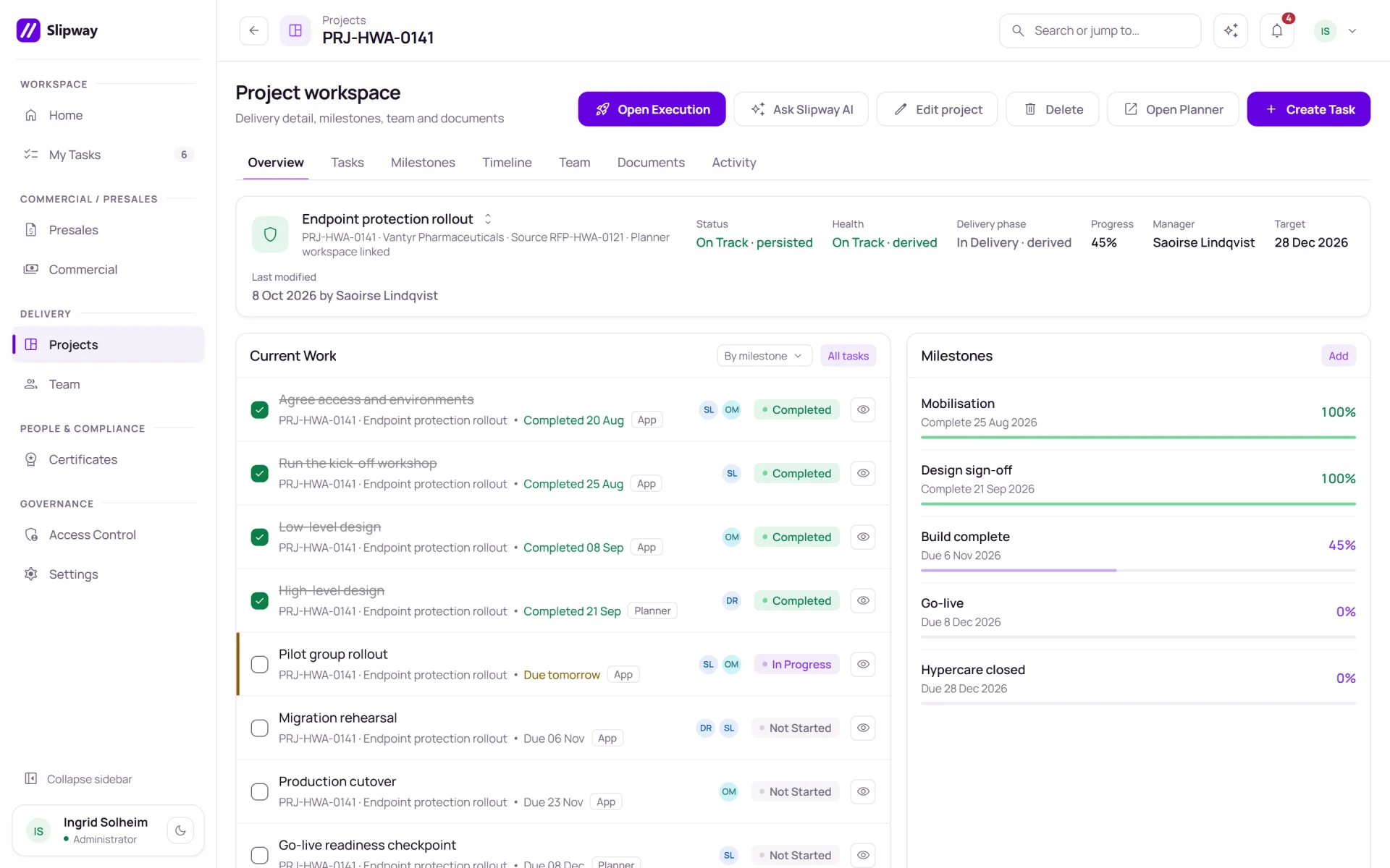 Project page with a task list on the left, completed tasks struck through, and a milestone list with percentages on the right.