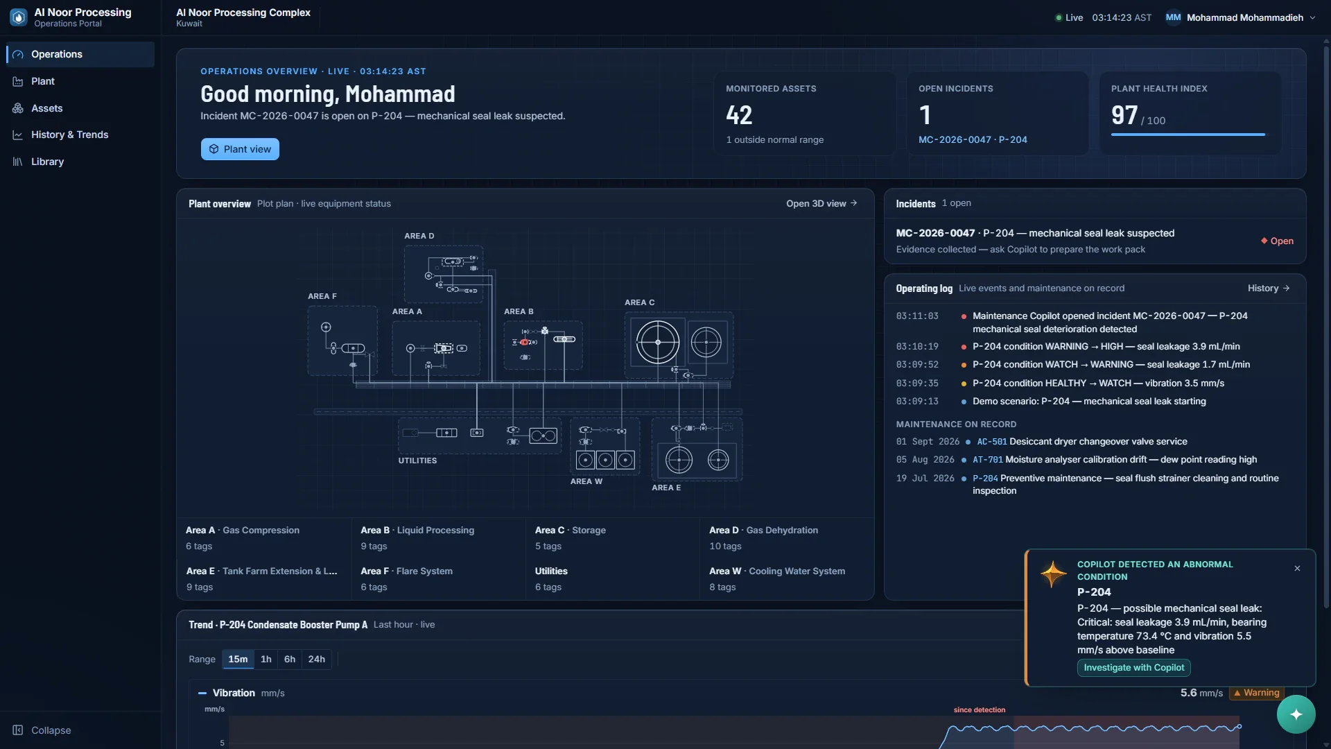 Operations page now showing 1 open incident, a log of condition changes from healthy to watch, warning and high, and a pop-up in the corner titled "Copilot detected an abnormal condition" with a button to investigate.