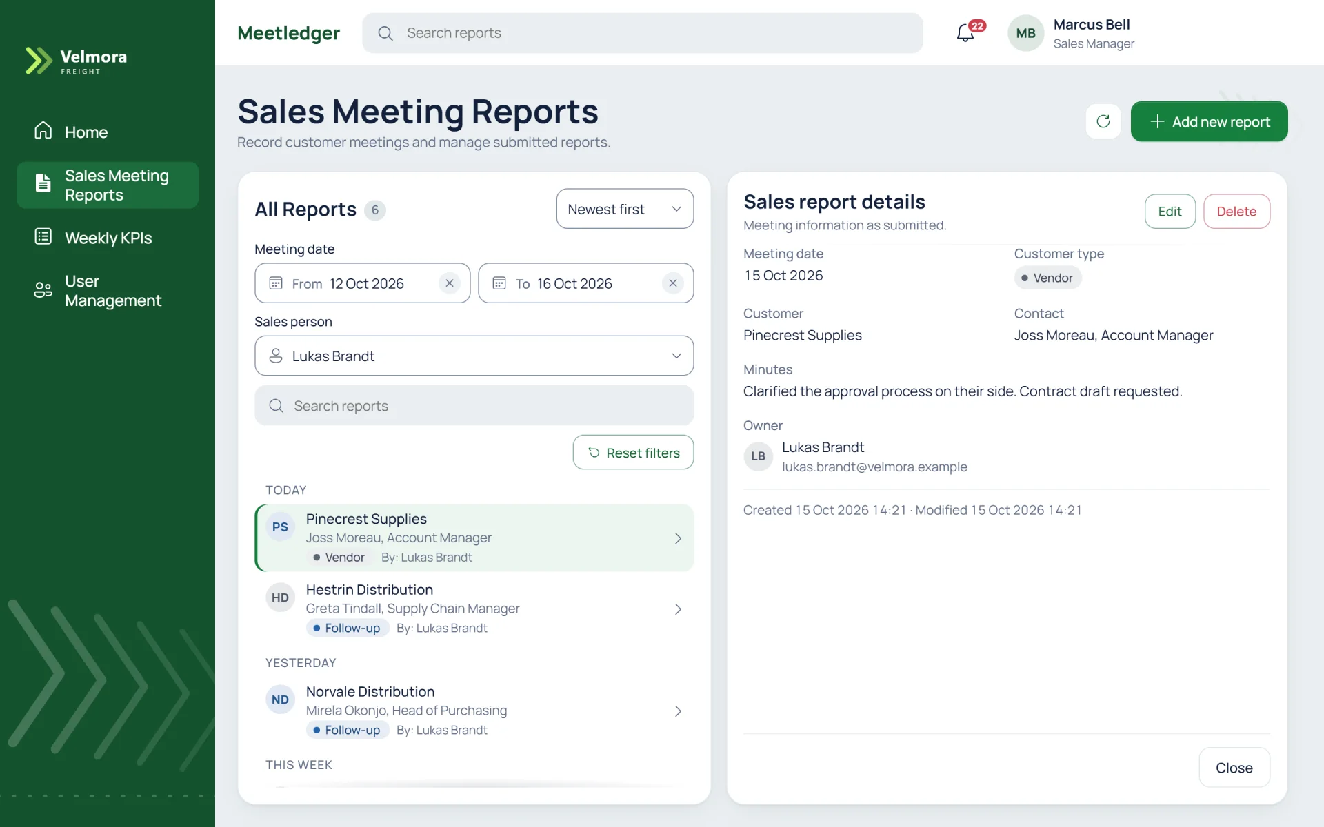 Sales Meeting Reports filtered to one salesperson from 12 to 16 October 2026 with six reports listed. The first report is selected and its details are shown on the right.