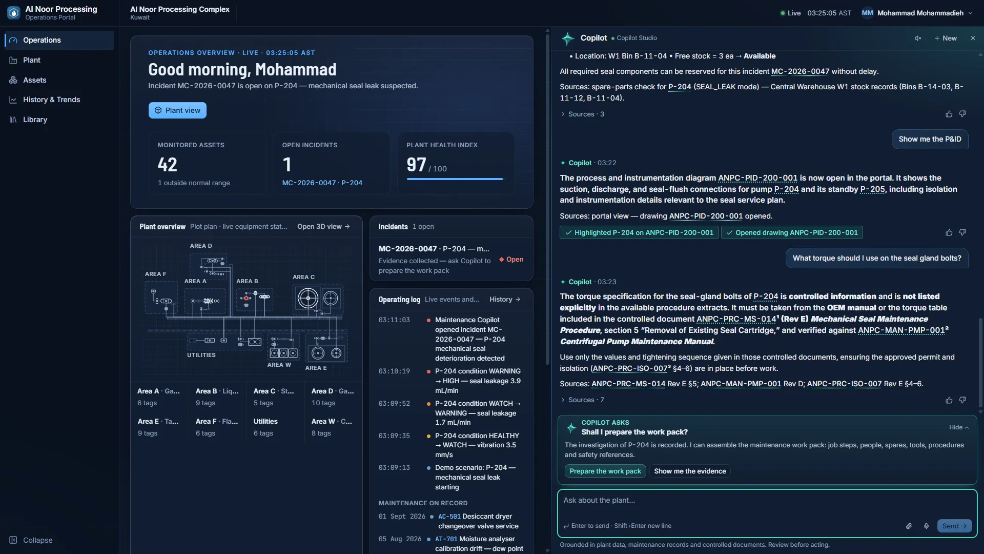 Chat panel in which the user asks what torque to use on the seal gland bolts and the reply states that the torque specification is controlled information, not listed explicitly, and points to a maintenance procedure and a pump manual with source references.