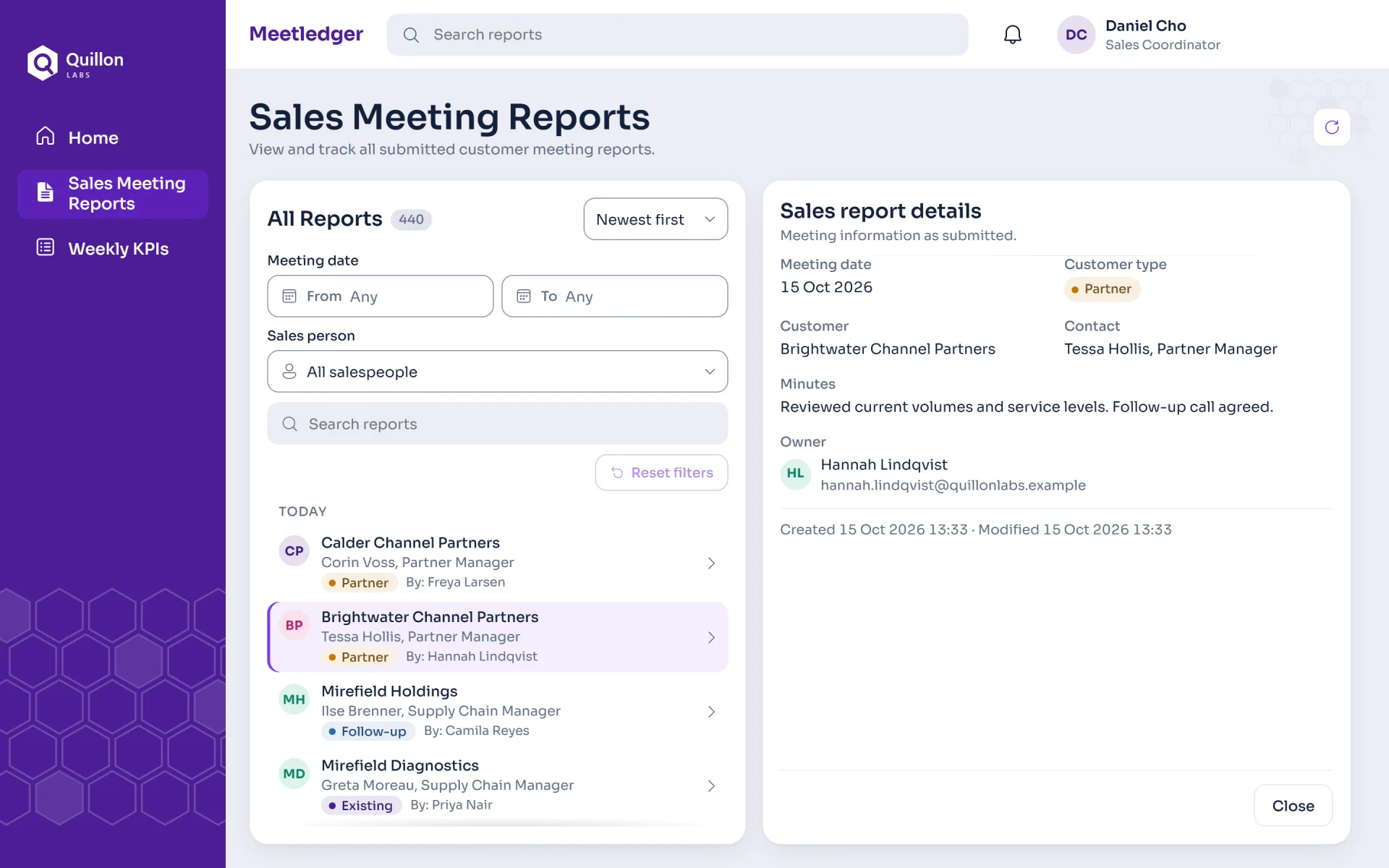 Sales Meeting Reports in the violet Quillon Labs theme, signed in as a sales coordinator. The list counts 440 reports, one report is selected, and the details panel offers only a Close button. The sidebar lists Home, Sales Meeting Reports and Weekly KPIs.