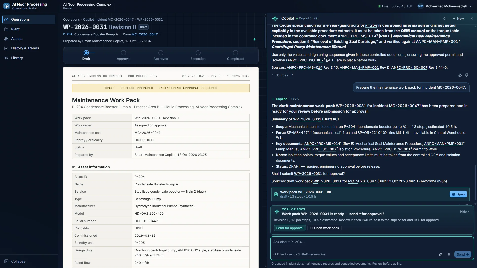 On the left a paper-styled document titled Maintenance Work Pack with a yellow banner reading "Draft, Copilot prepared, engineering approval required" and tables of work pack and asset details; on the right the agent's summary of 13 steps and 10.5 estimated hours and a card offering to send it for approval.