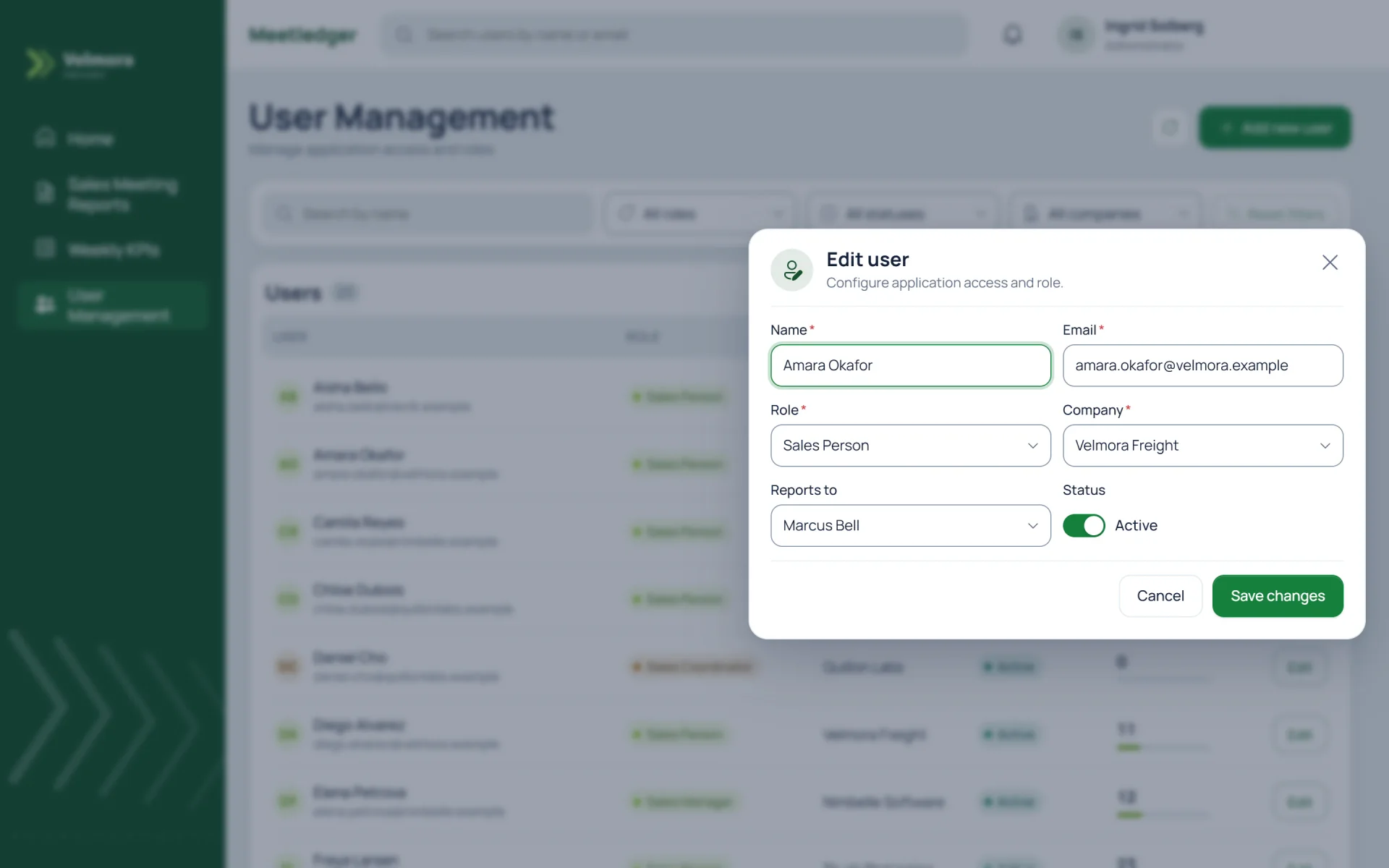 "Edit user" dialog over the blurred user list, with the fields Name, Email, Role (Sales Person), Company (Velmora Freight), Reports to (a sales manager) and an Active switch, and the buttons Cancel and Save changes.