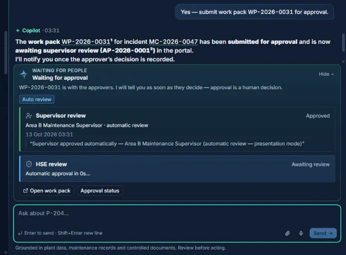 Cropped chat panel showing the work pack submitted for approval, a card headed "Waiting for people" with a supervisor review marked approved by automatic review in presentation mode and an HSE review awaiting review.