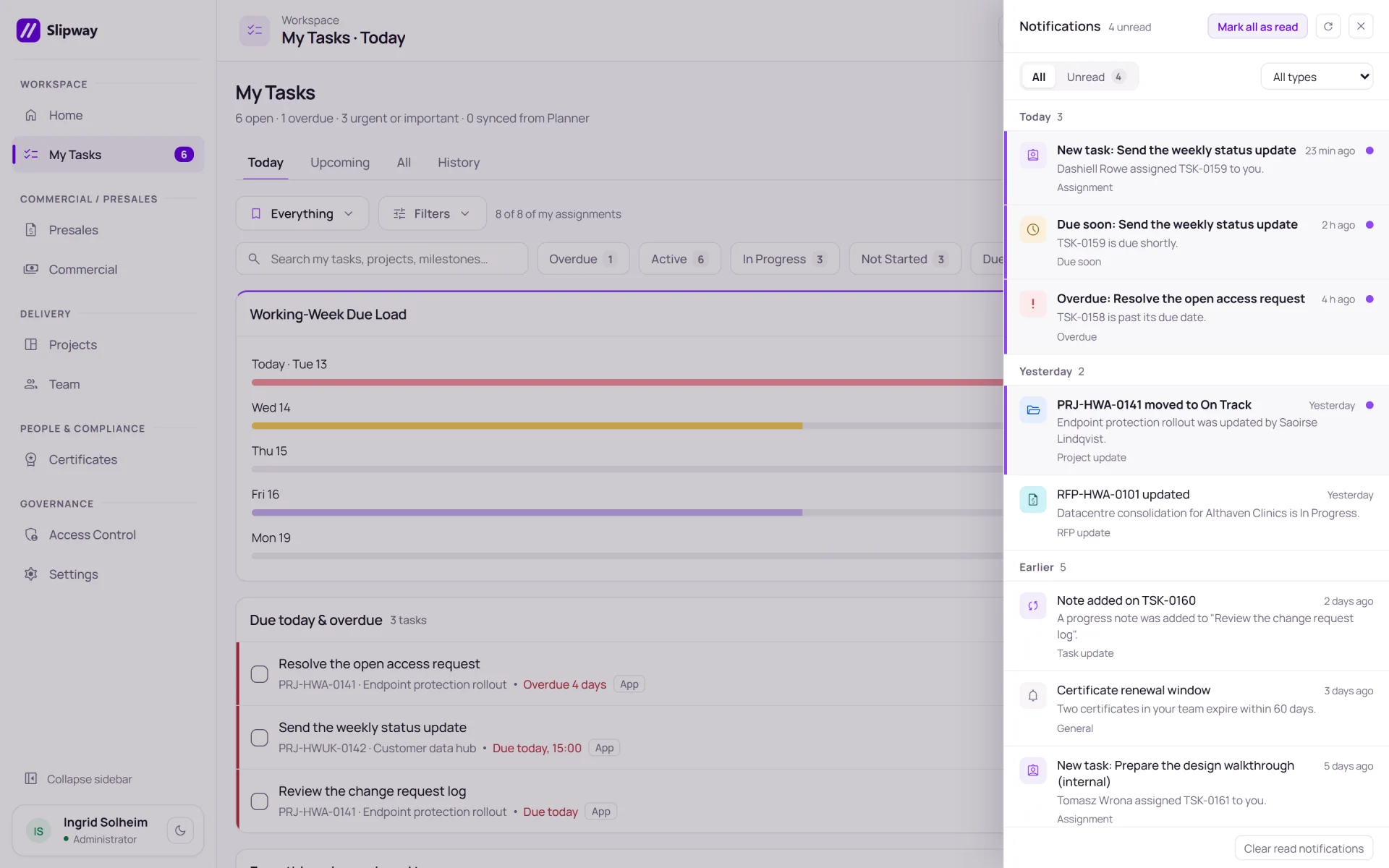 Side panel listing notifications under Today, Yesterday and Earlier, over a dimmed task page.