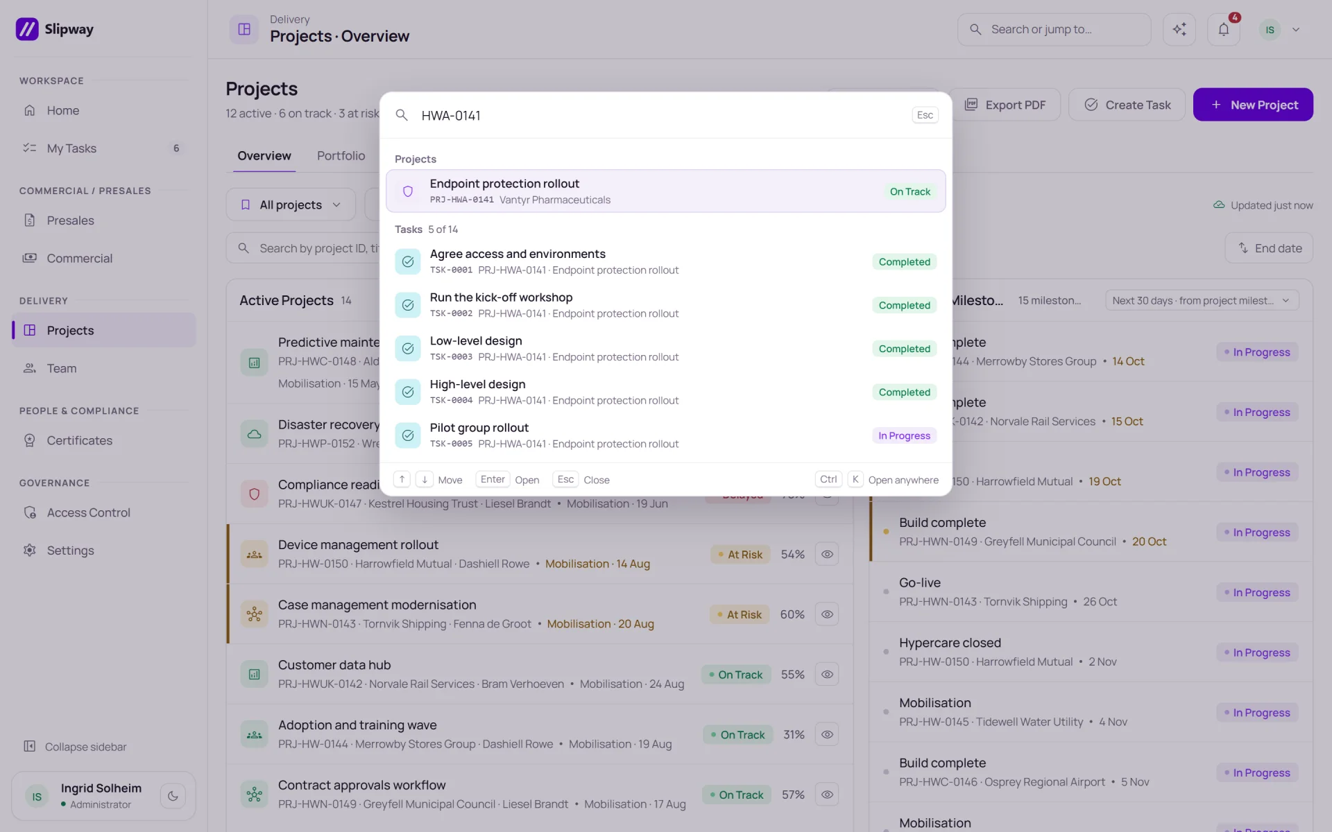 Search dialog over a dimmed page, showing one project result and a list of matching tasks.