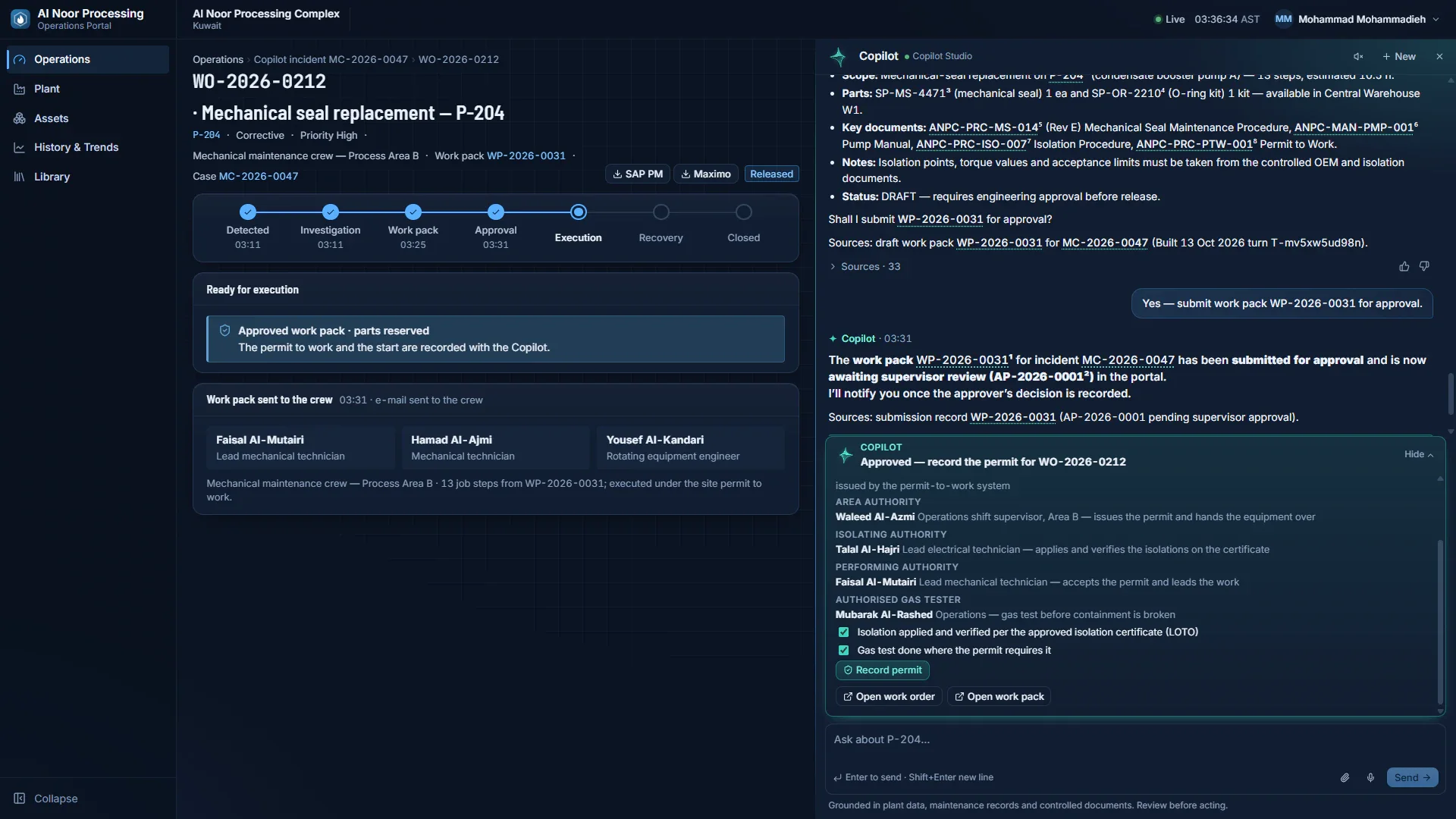 Work order page for a mechanical seal replacement on P-204 with status Released, a progress tracker at Execution and three crew members; beside it a card listing permit roles with two ticked confirmations for isolation and gas test and a Record permit button.