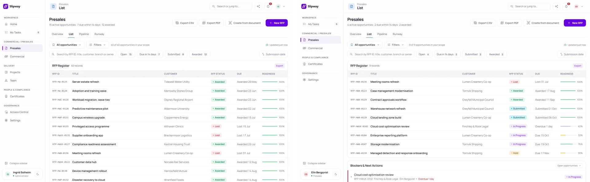 Two versions of the same list page next to each other; the left one has a longer menu and a longer list than the right one.